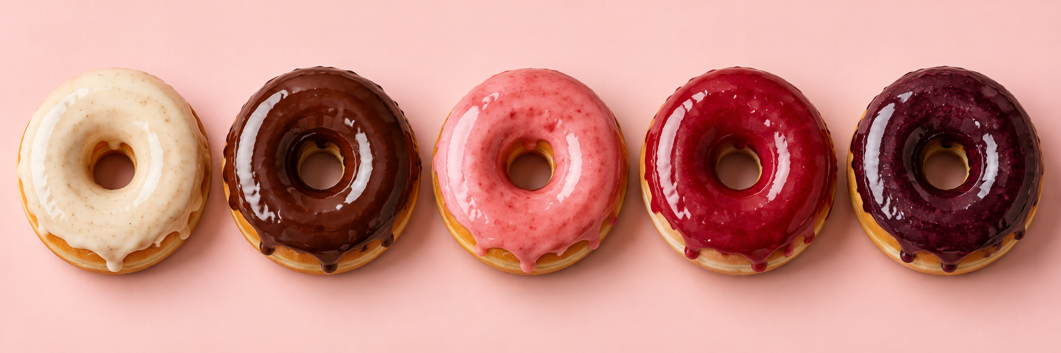 Five Better Doughnut ring doughnuts in a row, from left: vanilla, chocolate, strawberry, raspberry, and blackberry glazes.