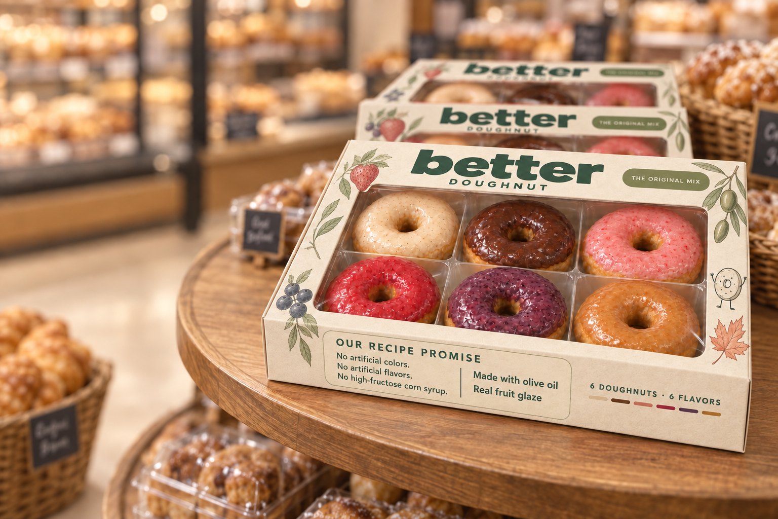 The Original Mix: an ivory carton with forest-green lettering and hand-drawn ingredient illustrations, holding six Better Doughnut flavors on a low round wooden grocery bakery display table, with the recipe promise, Made with olive oil, and Real fruit glaze printed on the box. The surrounding bakery is blurred. AI-generated packaging concept.