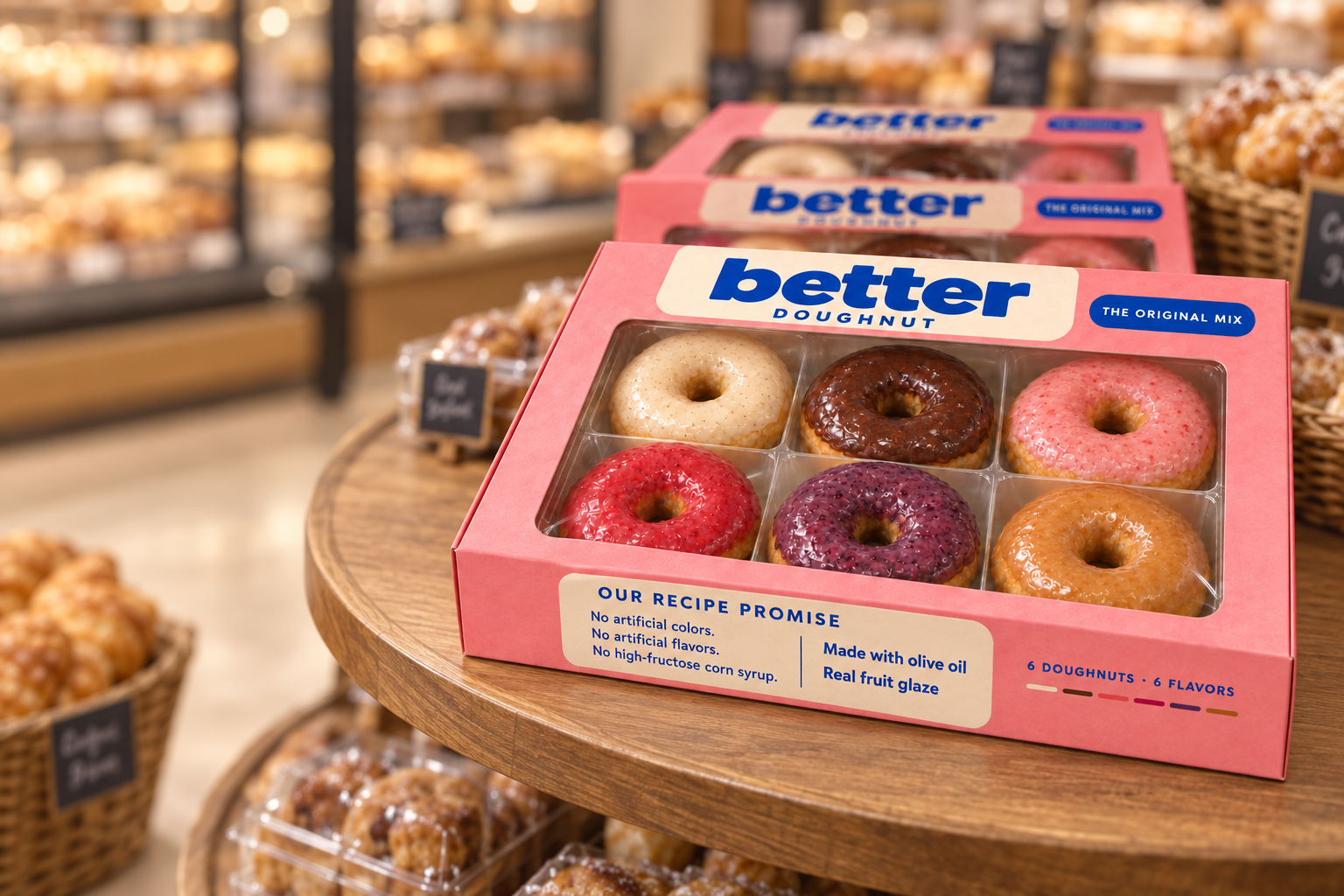 The Original Mix: six Better Doughnut flavors on a low round wooden grocery bakery display table, with the recipe promise, Made with olive oil, and Real fruit glaze printed on the box. The surrounding bakery is blurred. AI-generated packaging concept.