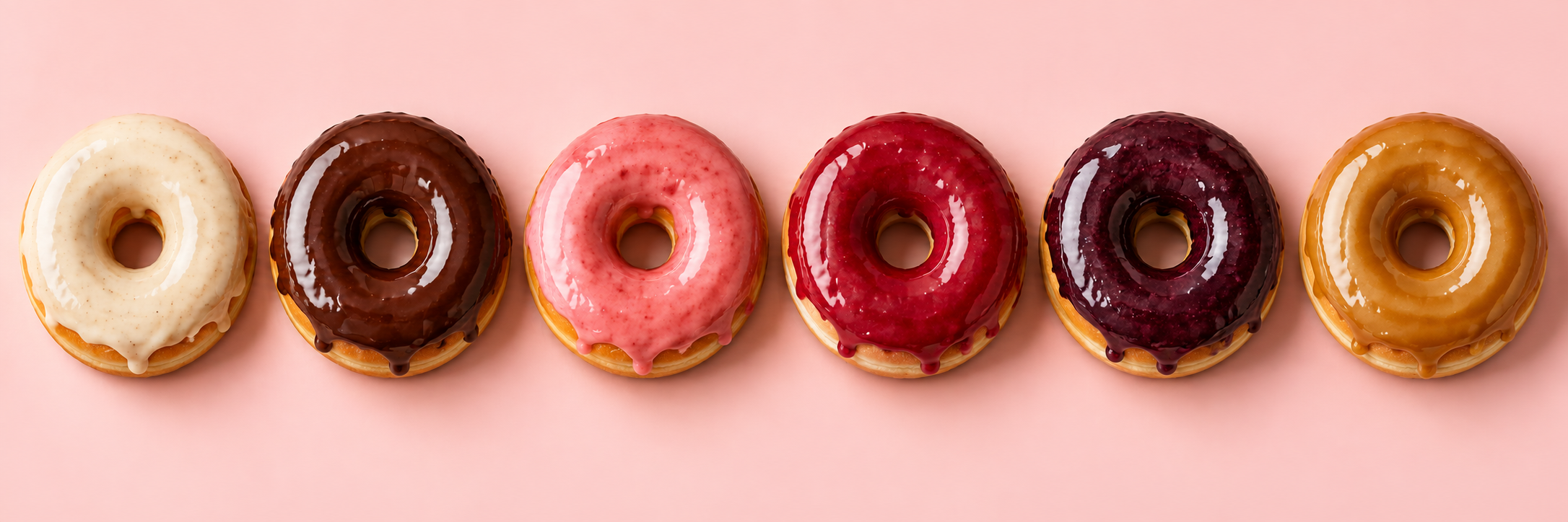Six Better Doughnut ring doughnuts in a row: vanilla, chocolate, strawberry, raspberry, blackberry, and honey maple.
